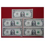 (5) Consecutive 2009 UNC $1 Fed Res Notes