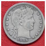 1906 D Barber Silver Quarter