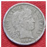 1908 S Barber Silver Dime - Grainy