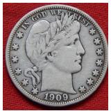 1909 S Barber Silver Half Dollar Coin