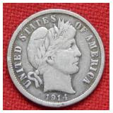 1914 D Barber Silver Dime