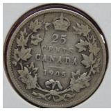 1905 Canadian Silver Quarter Coin