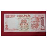 2015 Twenty Rupees India Note Serial Number 61