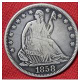 1858 S Seated Liberty Silver Half Dollar