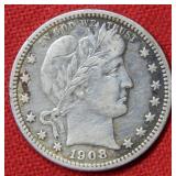 1908 D Barber Silver Quarter Coin