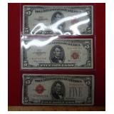 (3) $5 Red Seal Note Set - 1928-1953-1963