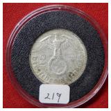 1939 German 2 Mark Silver Coin - Swastika