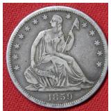 1859 S Seated Liberty Silver Half Dollar Coin