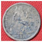 1874 S Seated Liberty Silver Dime