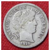 1910 D Barber Silver Dime Coin