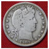 1909 S Barber Silver Quarter