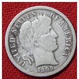 1909 D Barber Silver Dime