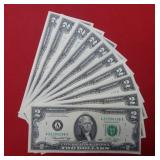 (10) 1976 &2003 $2 Federal Reserve Notes UNC Crisp