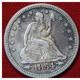 1854 Seated Liberty Silver Quarter Dollar Coin