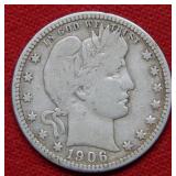 1906 D Barber Silver Quarter Coin