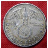 1936 German 2 Mark Silver Coin with Swasticka