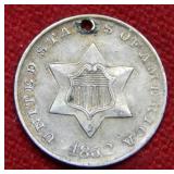 1852 Silver Three Cent Coin - Holed
