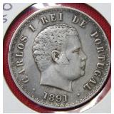 1891 Portugal 500 Reis Silver Coin