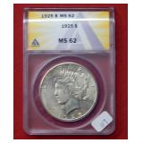 1925 Peace Silver Dollar ANACS MS62