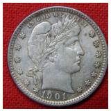 1901 Barber Silver Quarter