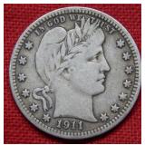 1911 D Barber Silver Quarter