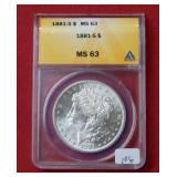 1881 S Morgan Silver Dollar Coin ANACS MS63
