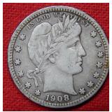 1908 D Barber Silver Quarter