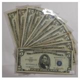 Ten Assorted Date $5 Silver Certificates