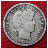 1912 D Barber Silver Dime Coin