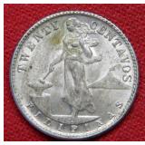 1944 Philippines 20 Centavos Silver Coin