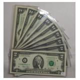10 Assorted Date $2 Federal Reserve Notes