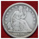 1839 Seated Liberty Silver Dime No Drapery