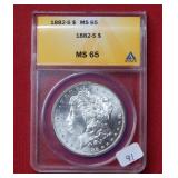 1882 S Morgan Silver Dollar Coin ANACS MS65