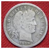 1908 S Barber Silver Dime
