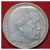 1936 German 5 Mark with Swastika Silver Coin