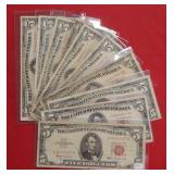 (10) $5 United States Notes - - Red Seal