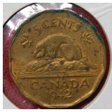 1942 Canada 5 Cent Coin - Bronze Tombac