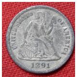 1891 S Seated Liberty Silver Dime - Last Year