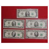 (5) Federal Reserve Notes - $1,2,5,10,20