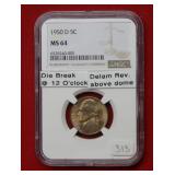 1950-D Jefferson Nickel NGC MS64  Die Break on REV