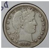 1908 D Barber Silver Quarter