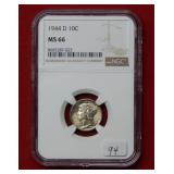 1944 D Mercury Silver Dime NGC MS66