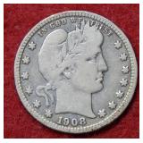 1908 S Barber Silver Quarter Coin