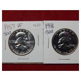 1957 & 1958 Franklin Silver Halves - 57 is Proof