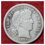 1909 D Barber Silver Dime