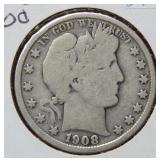 1908 S Barber Silver Half