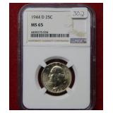 1944 D Washington Silver Quarter NGC MS65
