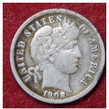 1908 D Barber Silver Dime