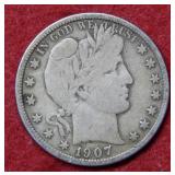 1907 D Barber Silver Half Dollar Coin