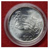 1961 Italy 500 Lira Silver Chariot Coin